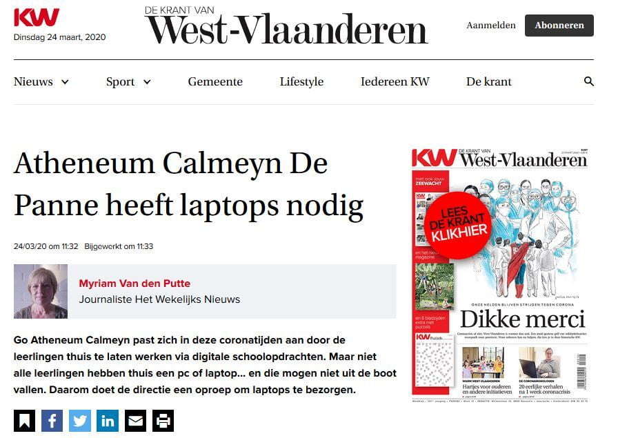 Atheneum Calmeyn: De Panne heeft laptops nodig!